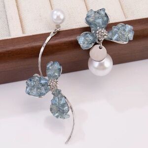 Elegant Silver and Blue Floral AB Earrings with Faux Pearls